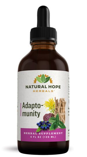 dropper bottle of adapto-munity from Natural Hope herbals with farm to bottle herbs that boost your immunity.