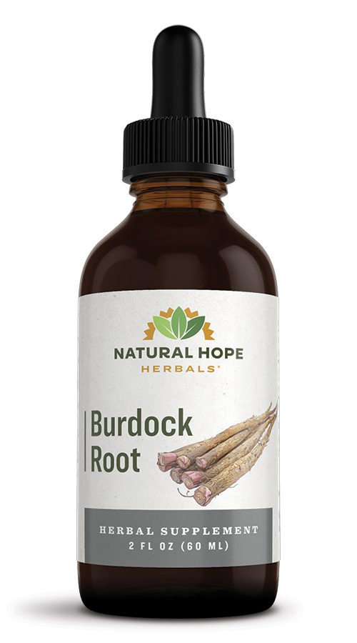 Natural hope herbals burdock root tincture in a dropper bottle