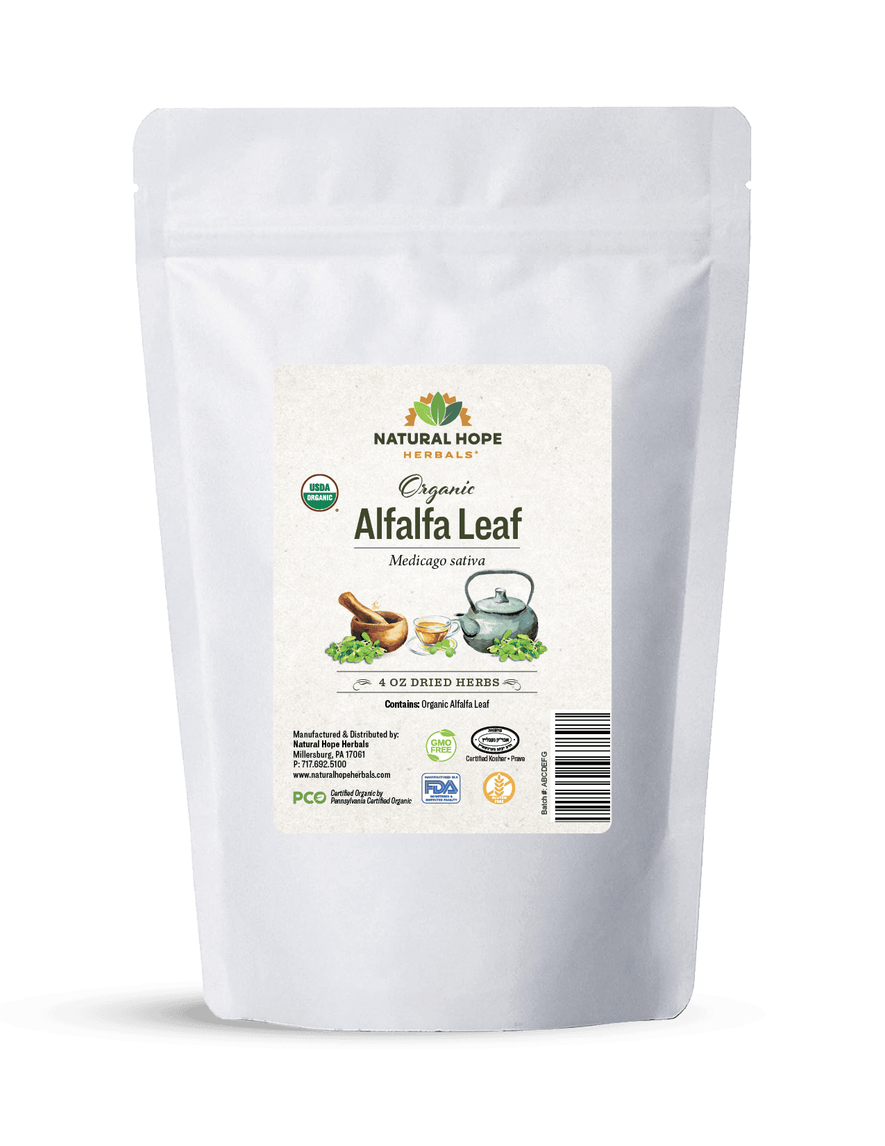 Bag of air-dried organic Alfalfa leaf made by Natural Hope Herbals