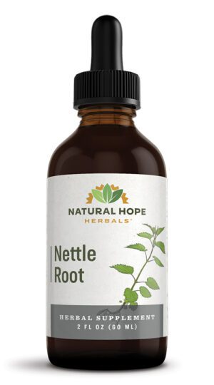 natural hope herbals nettle root herb tincture in a dark glass dropper bottle