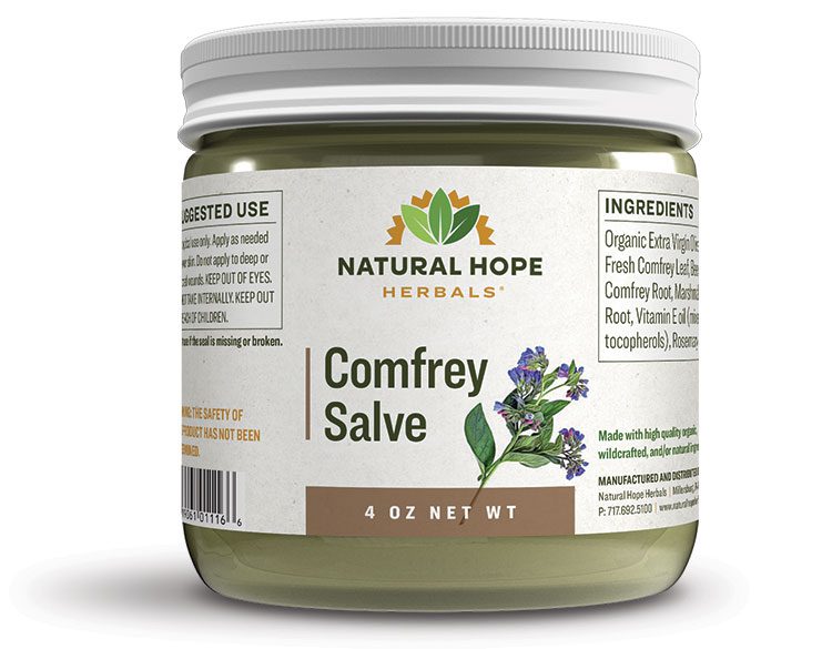small glass jar labeled natural hope herbals comfrey salve to support healthy skin