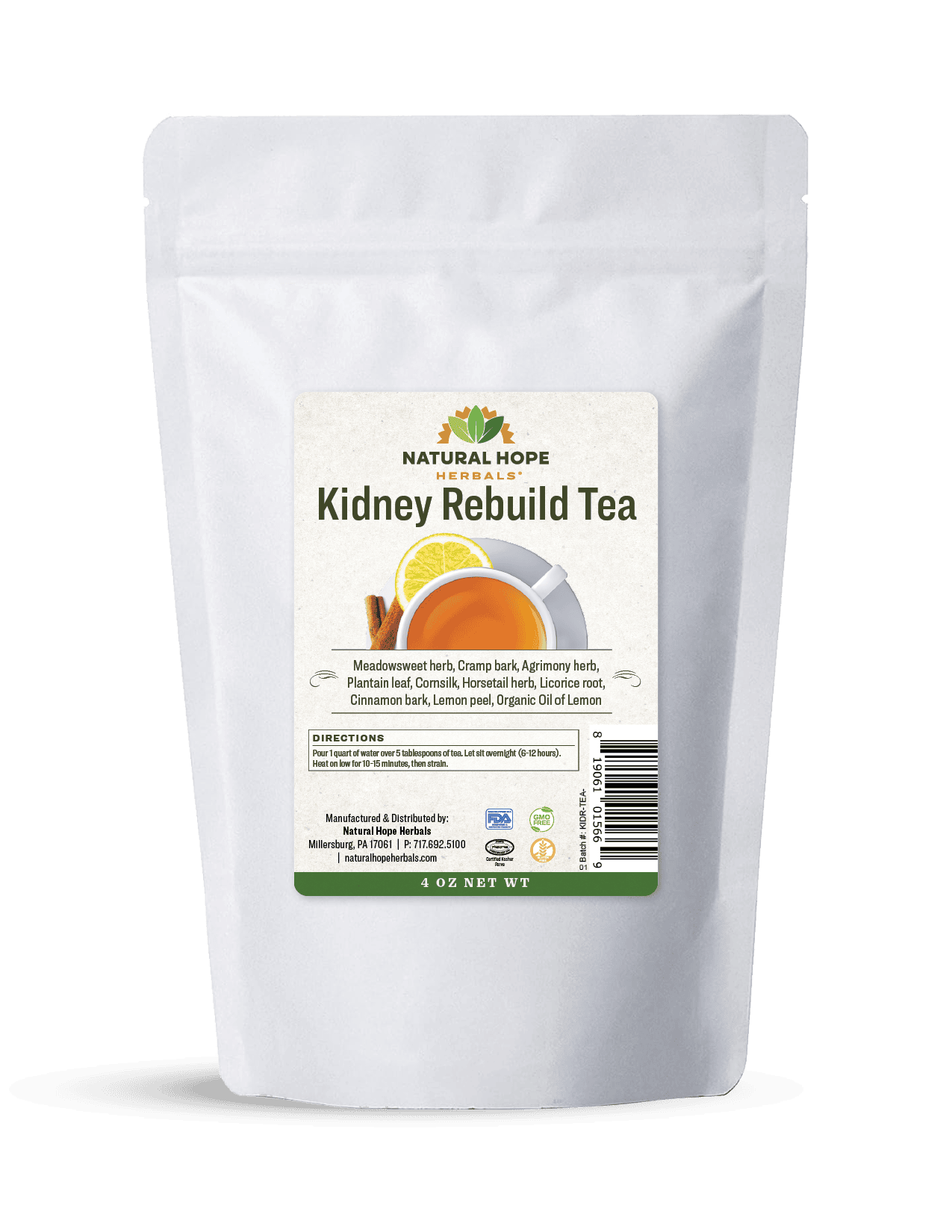 Loose leaf re-build kidney tea in a white bag from Natural Hope Herbals