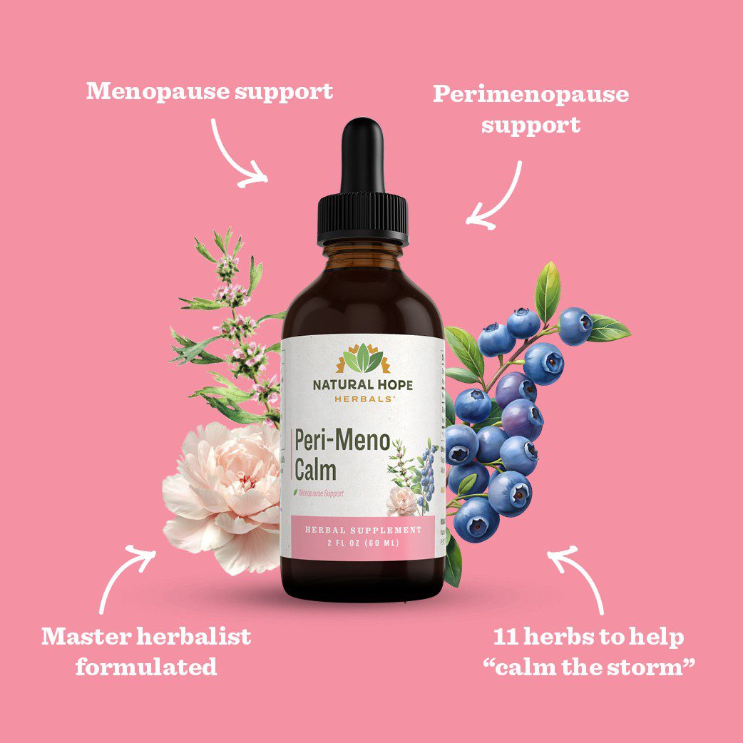 dropper bottle surrounded by herbs labeled peri-meon-calm made by Natural Hope Herbals
